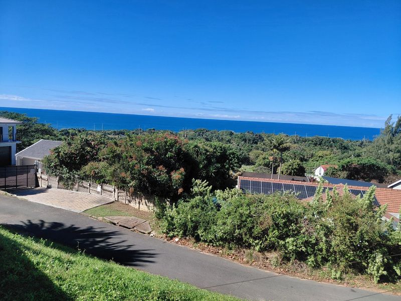 Elevated coastal view overlooking the surrounding neighborhood, lush greenery, and the ocean horizon, featuring visible solar panel installations on nearby rooftops.
