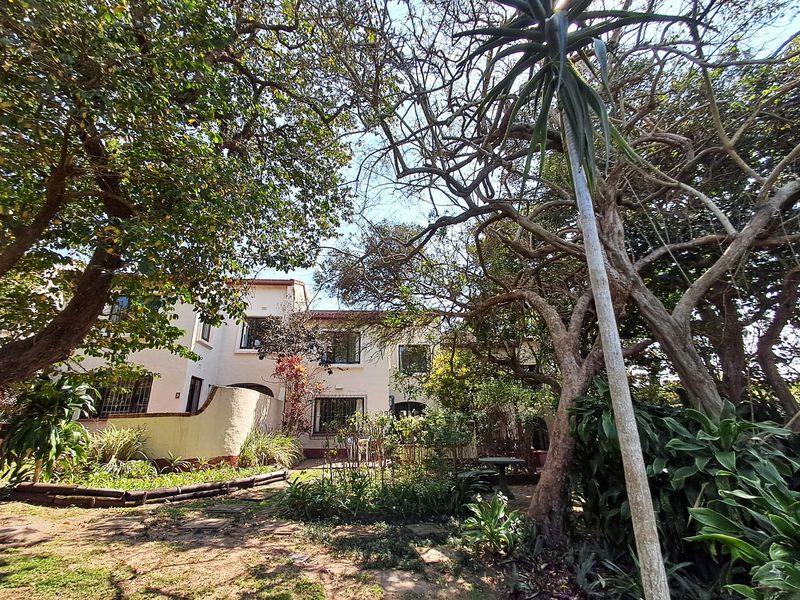 Rear view of the property featuring a landscaped garden with mature trees and a paved patio area adjacent to the building facade.