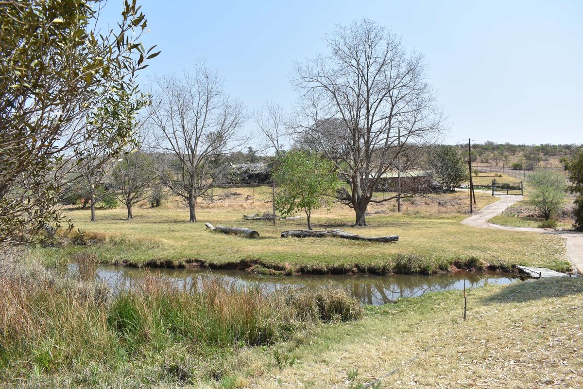 A scenic view of the farm property featuring a natural pond, mature trees, open grazing land, and a gravel access path.