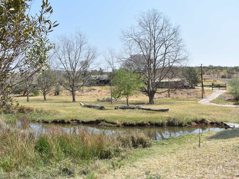 A scenic view of the farm property featuring a natural pond, mature trees, open grazing land, and a gravel access path.
