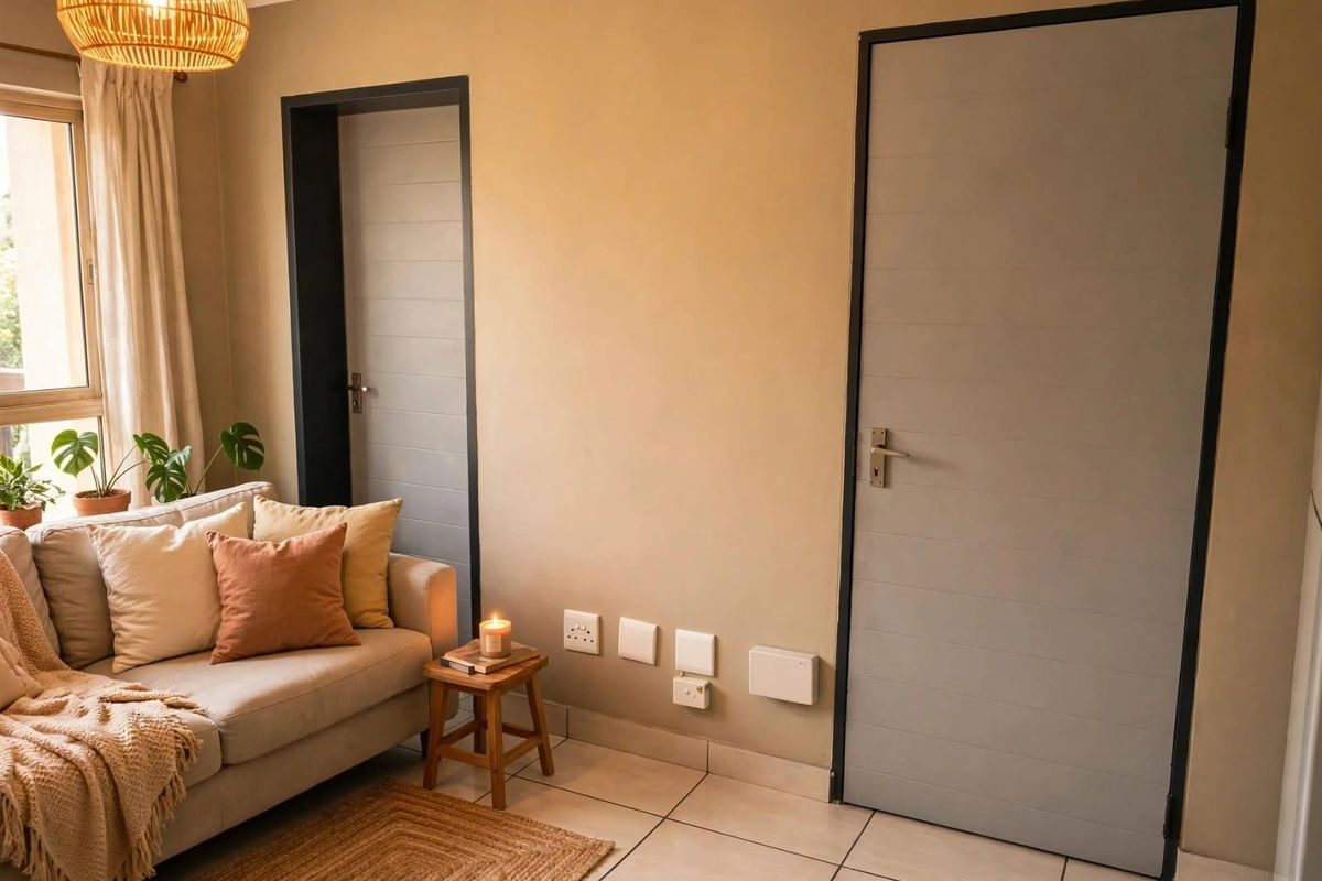 A well-maintained living room featuring tiled flooring, neutral wall tones, and two internal doors with modern frames.