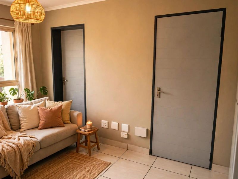 A well-maintained living room featuring tiled flooring, neutral wall tones, and two internal doors with modern frames.