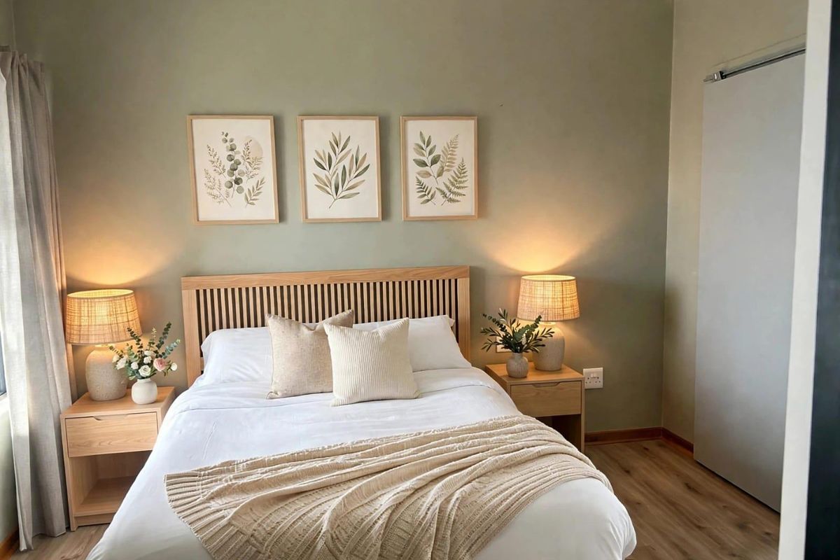 A well-presented bedroom featuring neutral sage green walls, laminate flooring, and a built-in wardrobe, creating a calm and inviting atmosphere.