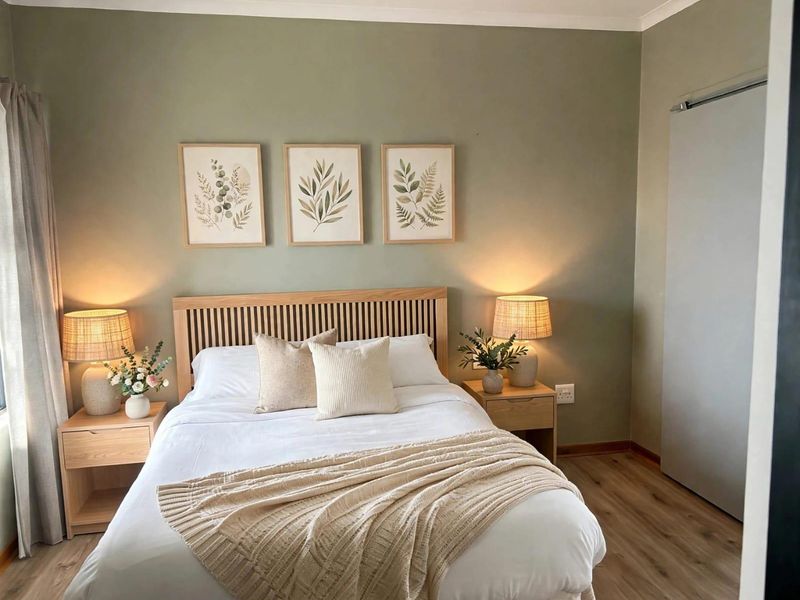 A well-presented bedroom featuring neutral sage green walls, laminate flooring, and a built-in wardrobe, creating a calm and inviting atmosphere.
