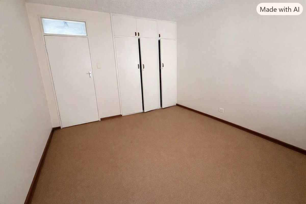 An empty bedroom featuring neutral carpeting, built-in storage cupboards, and a classic door with a transom window above.