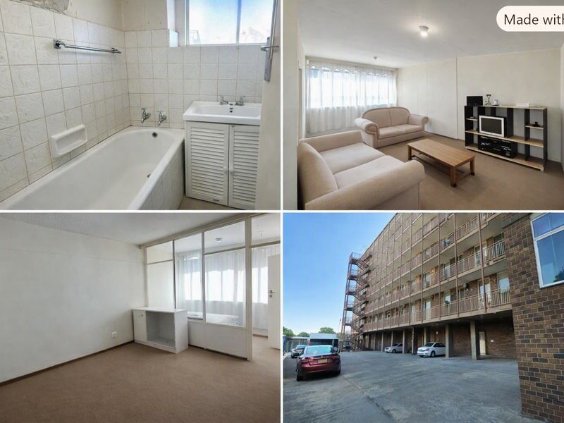 A collage of apartment interior spaces including a bathroom, living area, bedroom, and the exterior building facade.