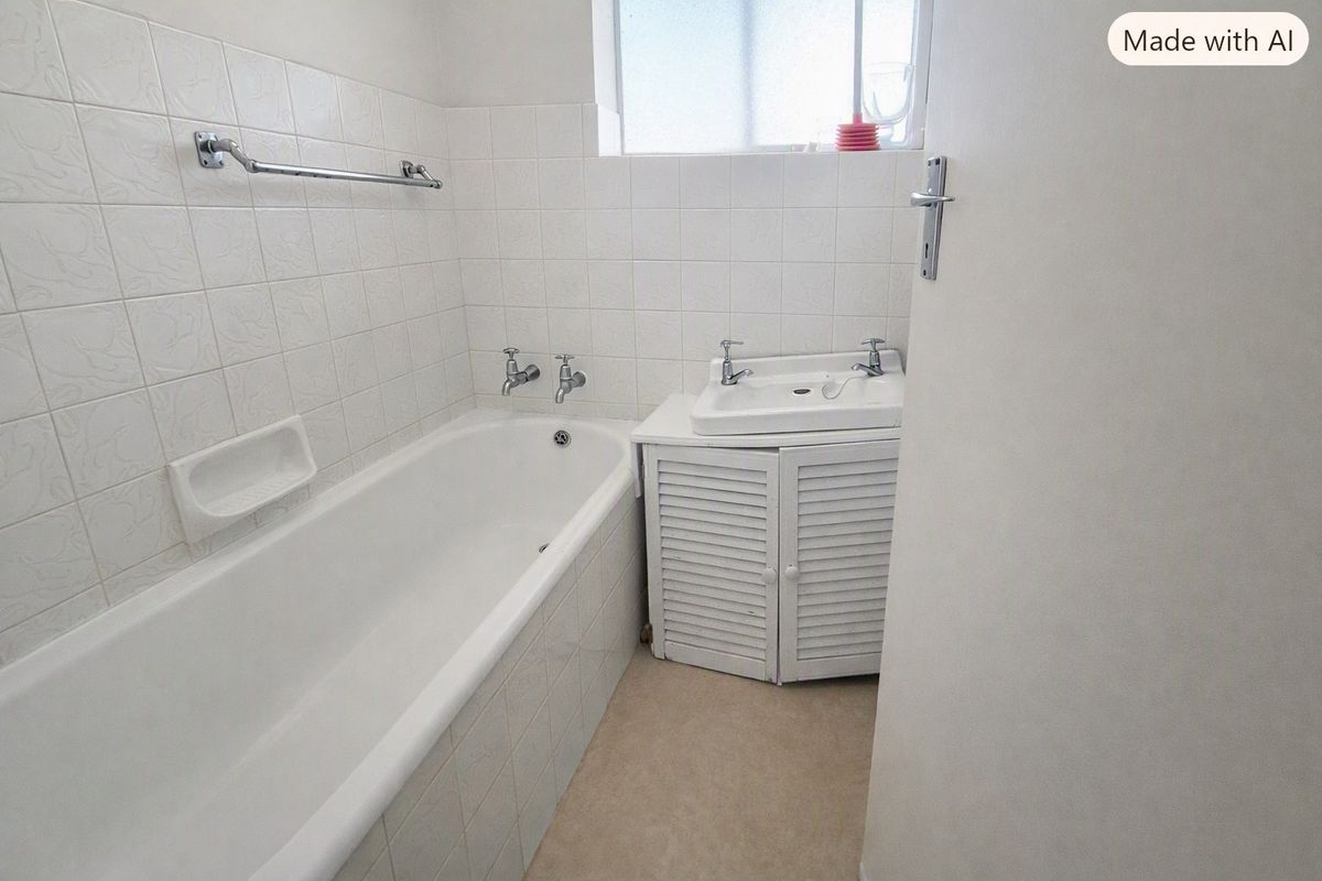 A compact bathroom featuring a built-in bathtub, a vanity cabinet with a basin, and tiled wall finishes.