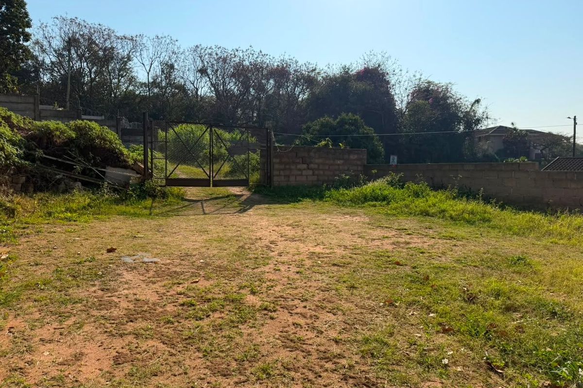 An outdoor rear area featuring a metal gate, perimeter wall, and unpaved ground, requiring landscaping and maintenance to improve the property's exterior appeal.