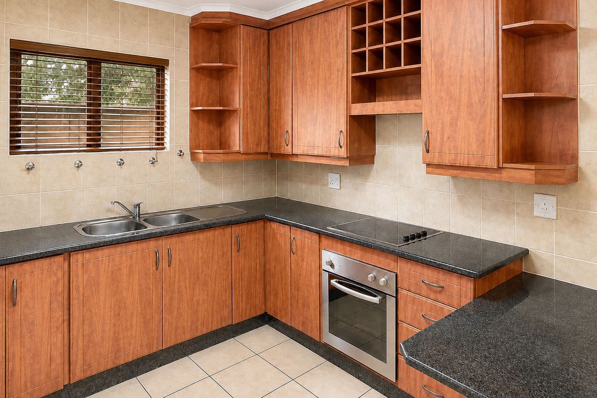 A functional kitchen featuring wood-look cabinetry, granite countertops, a built-in oven, electric hob, and a double stainless steel sink with tiled finishes.