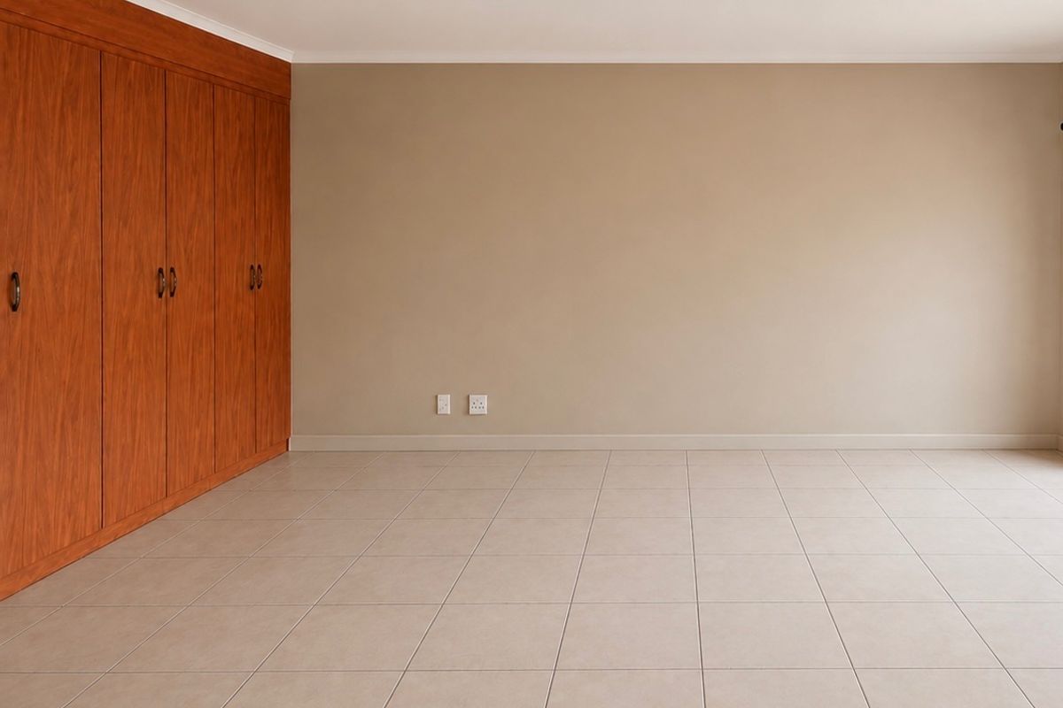 An empty bedroom featuring neutral tiled flooring and extensive built-in wooden cupboards, providing a clean and versatile space ready for personalization.