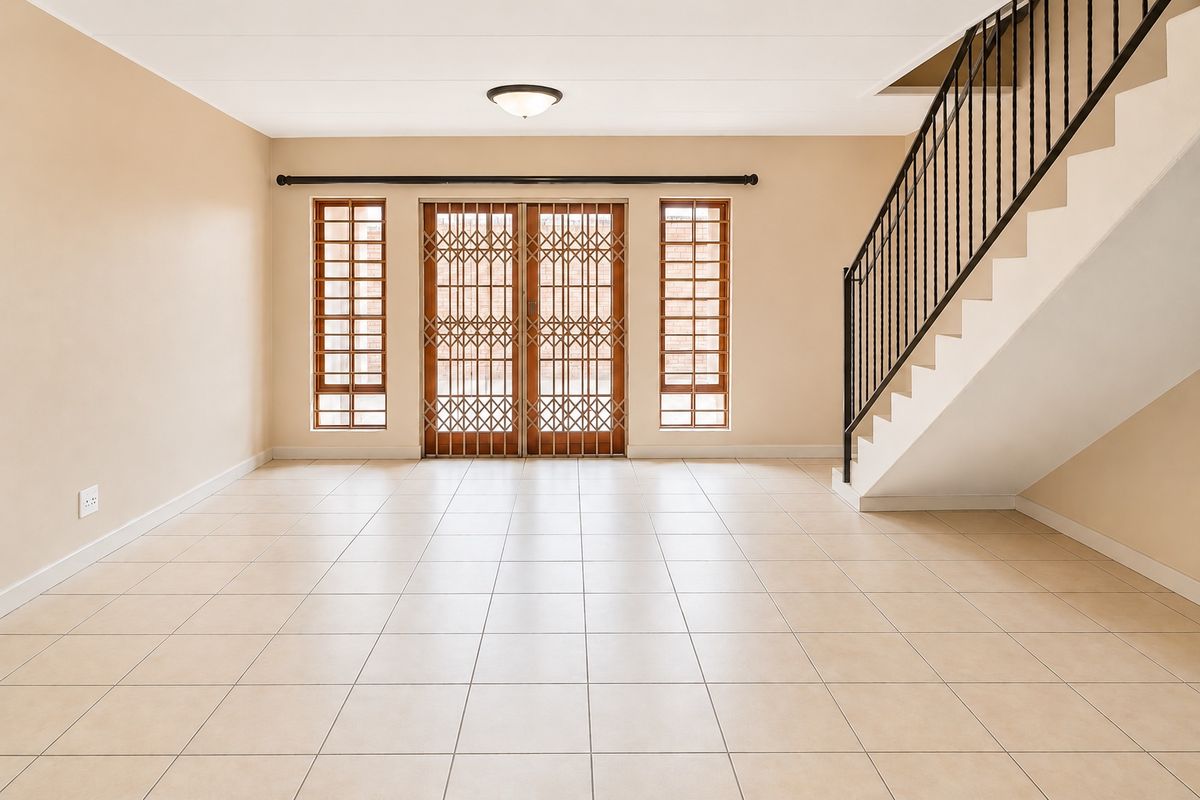 Spacious, empty living area featuring neutral ceramic floor tiles, a staircase with a metal balustrade, and secure access to the exterior.