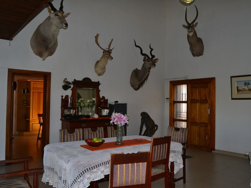 A spacious dining room featuring tiled flooring, vaulted ceilings, and timber door frames, providing a traditional layout with access to adjacent living areas.