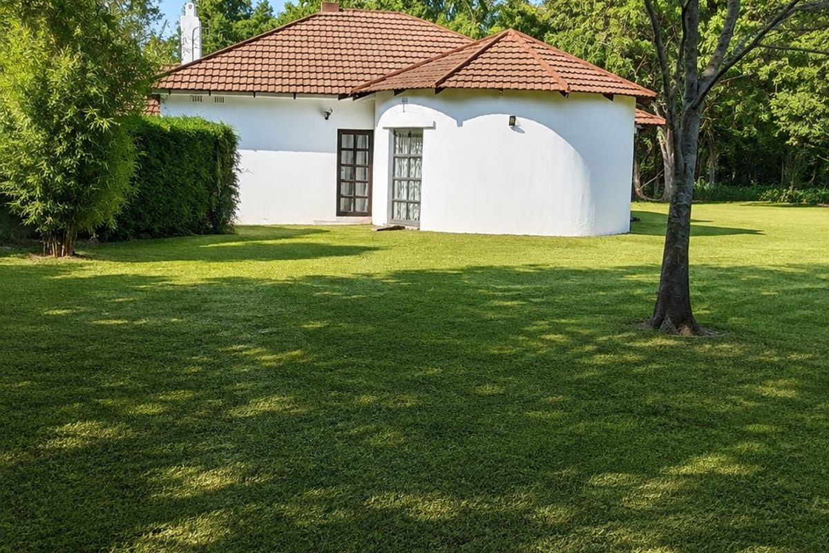 A view of the rear elevation of the house featuring a unique curved wall design, tiled roof, and expansive surrounding garden.
