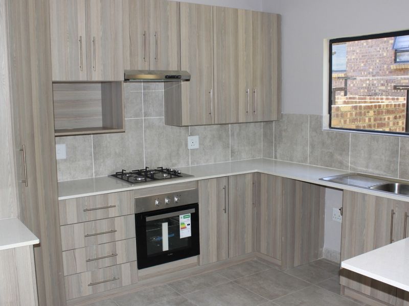 Modern kitchen featuring light wood-grain cabinetry, stone countertops, a gas hob, built-in oven, and a double bowl sink with tiled backsplash.