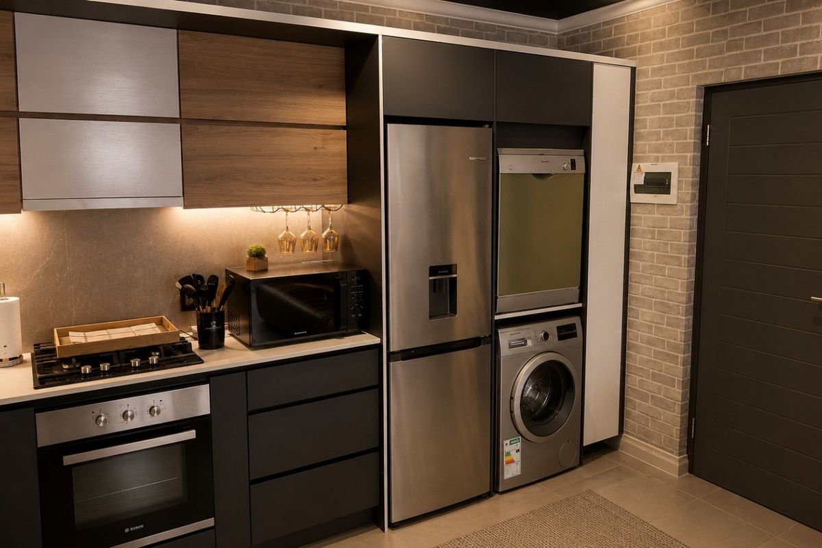 Modern kitchen featuring sleek two-tone cabinetry, integrated appliances, stone countertops, and stylish brick-effect wall detailing with ambient under-cabinet lighting.