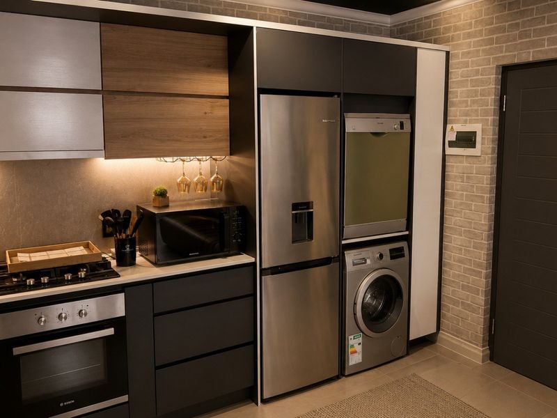 Modern kitchen featuring sleek two-tone cabinetry, integrated appliances, stone countertops, and stylish brick-effect wall detailing with ambient under-cabinet lighting.