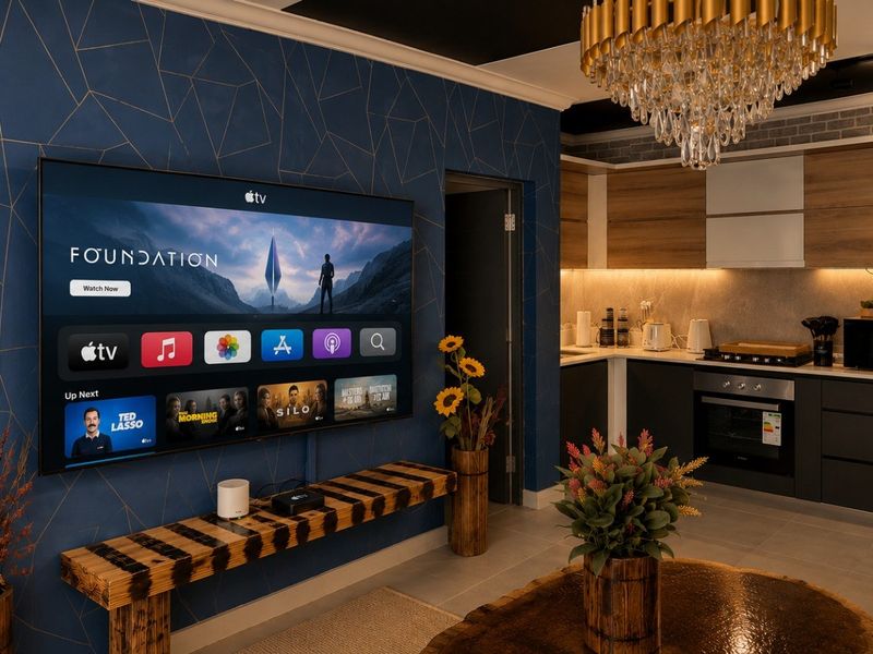 Modern open-plan living area featuring a contemporary kitchen with integrated appliances and stylish blue accent wall with geometric detailing.