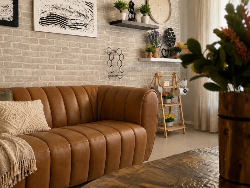 A cozy living room featuring a textured exposed brick feature wall and neutral tiled flooring, creating a warm and inviting atmosphere.