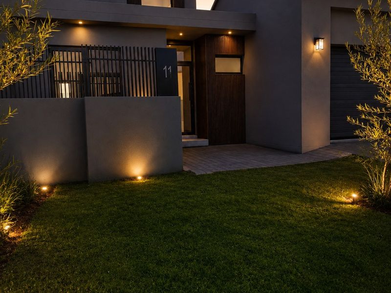 Modern double-story residential facade featuring contemporary timber cladding, integrated exterior lighting, a paved entrance, and a well-maintained front lawn.