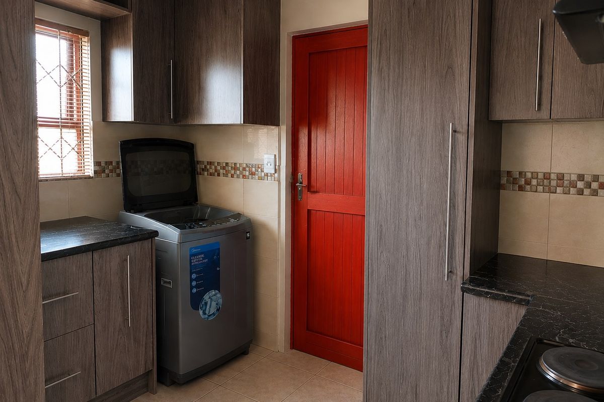 A functional laundry area featuring wood-grain cabinetry, dark laminate countertops, tiled backsplash, and tiled flooring with direct access via a red door.
