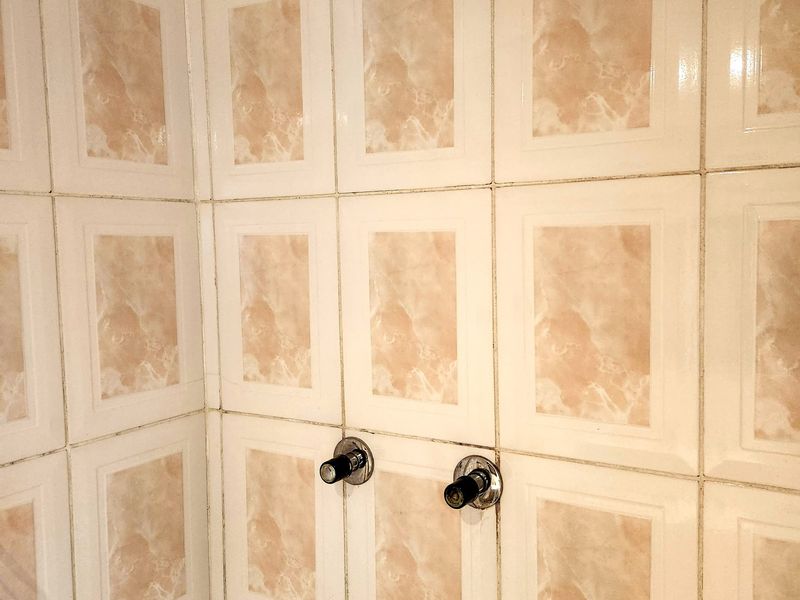 A close-up view of a shower enclosure featuring dated patterned ceramic wall tiles, a fixed shower head, and dual mixer taps.