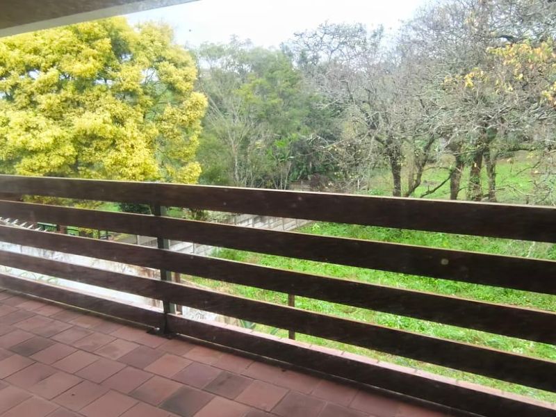 A covered balcony featuring tiled flooring and a timber balustrade, offering an elevated view of the surrounding garden and trees.