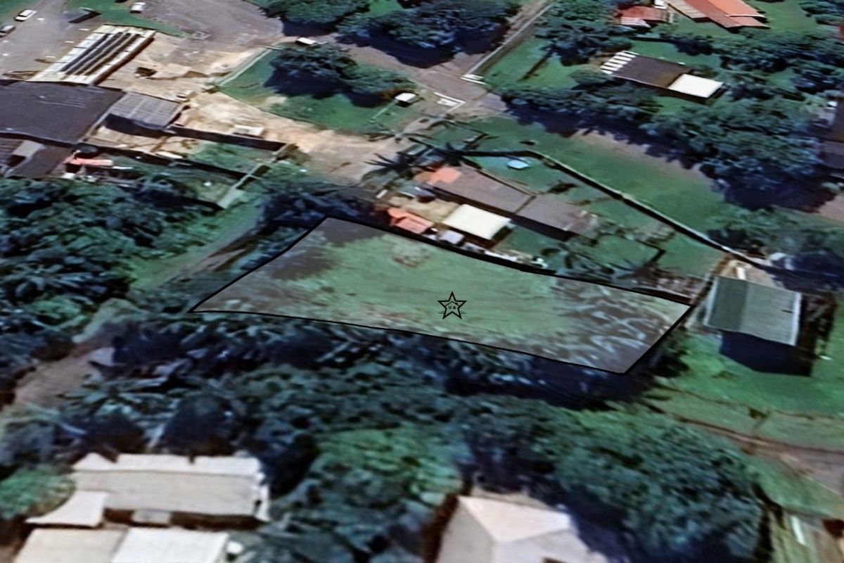 An aerial view of a vacant residential land plot marked with a star, situated within an established neighborhood.