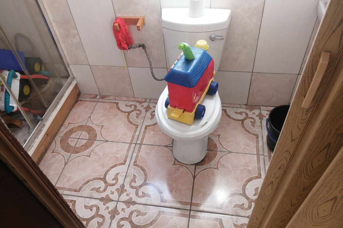 A compact bathroom featuring patterned floor tiles, wall tiling, a standard toilet, and a shower enclosure with visible plumbing.