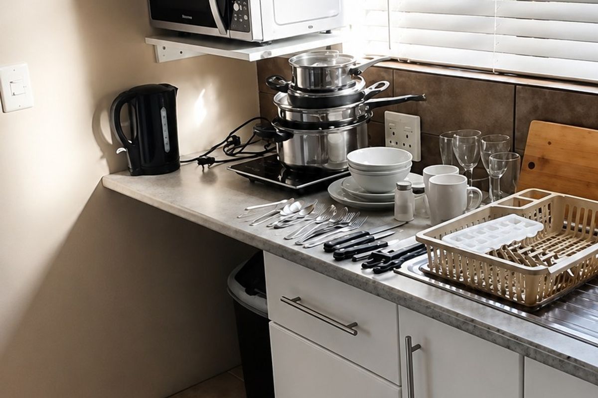 A functional kitchen corner featuring white cabinetry, laminate countertops, tiled flooring, and a window with venetian blinds.