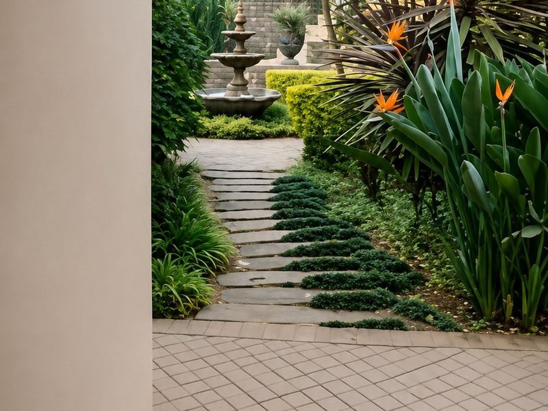 A beautifully landscaped garden featuring a stone-paved pathway, a decorative water fountain, and lush tropical plantings, viewed from a tiled patio area.