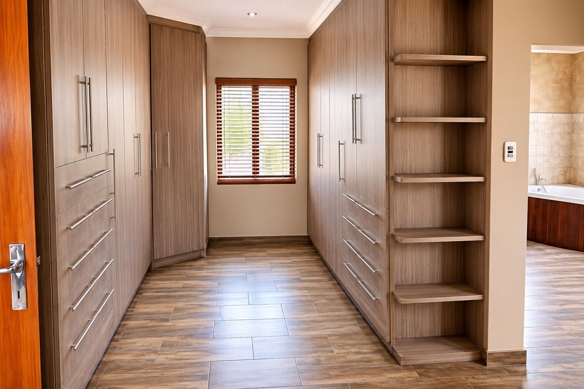 A spacious walk-in dressing area featuring extensive built-in cabinetry, wood-look tiled flooring, and a view into the adjacent bathroom.