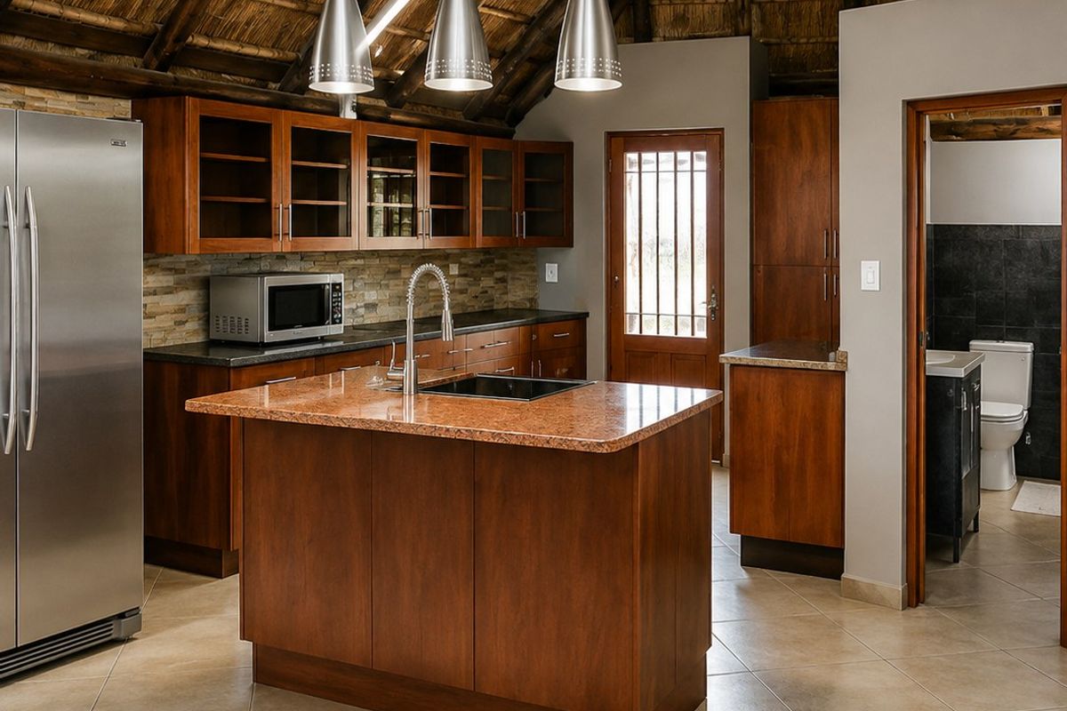 A well-appointed kitchen featuring a central island, granite countertops, and custom cabinetry, set under a traditional high-pitched thatched roof with exposed timber rafters.