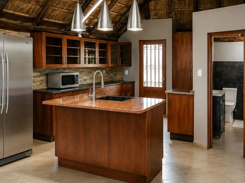 A well-appointed kitchen featuring a central island, granite countertops, and custom cabinetry, set under a traditional high-pitched thatched roof with exposed timber rafters.