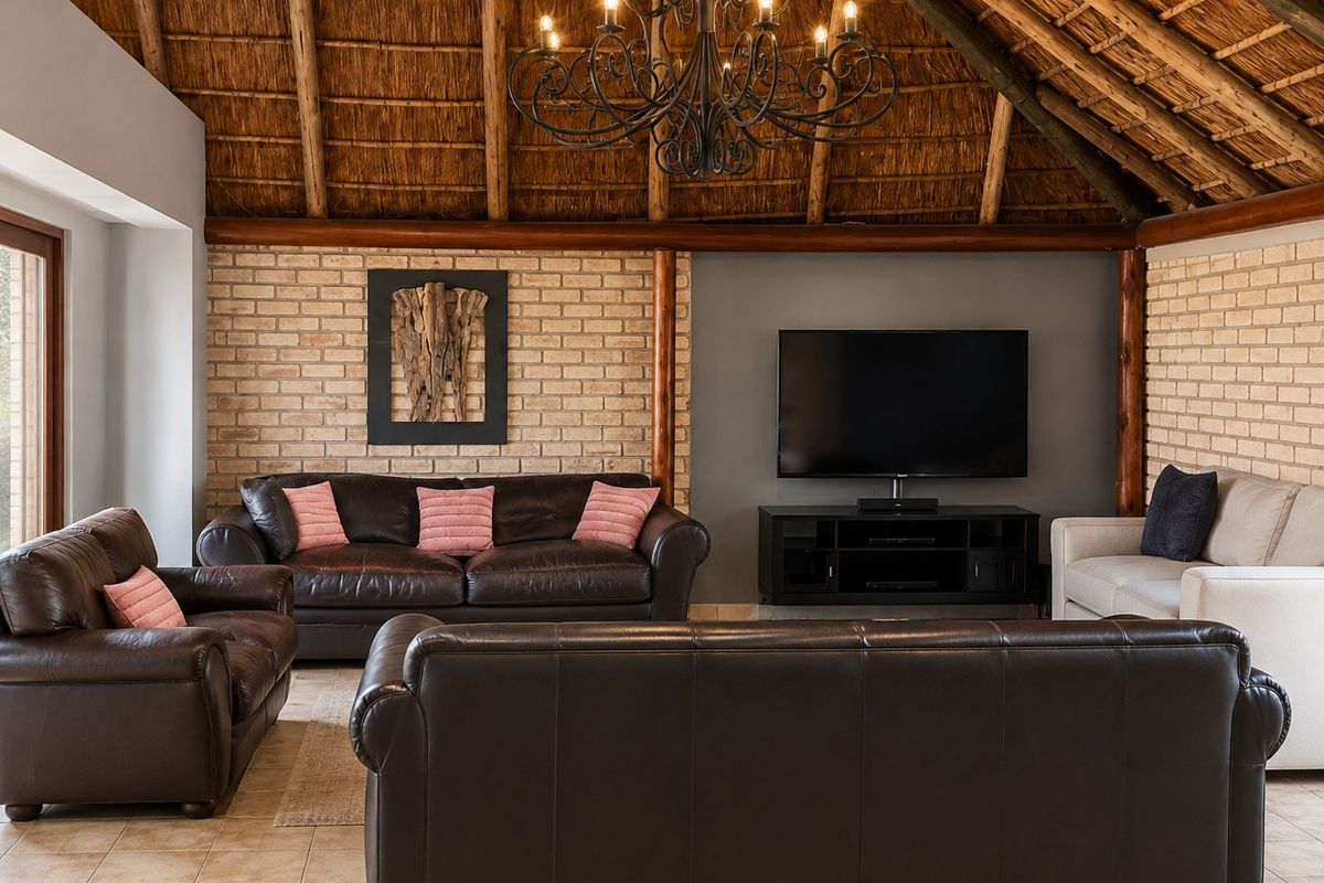 Spacious living room featuring a high vaulted thatch ceiling with exposed timber rafters, exposed brick walls, and a classic wrought iron chandelier.