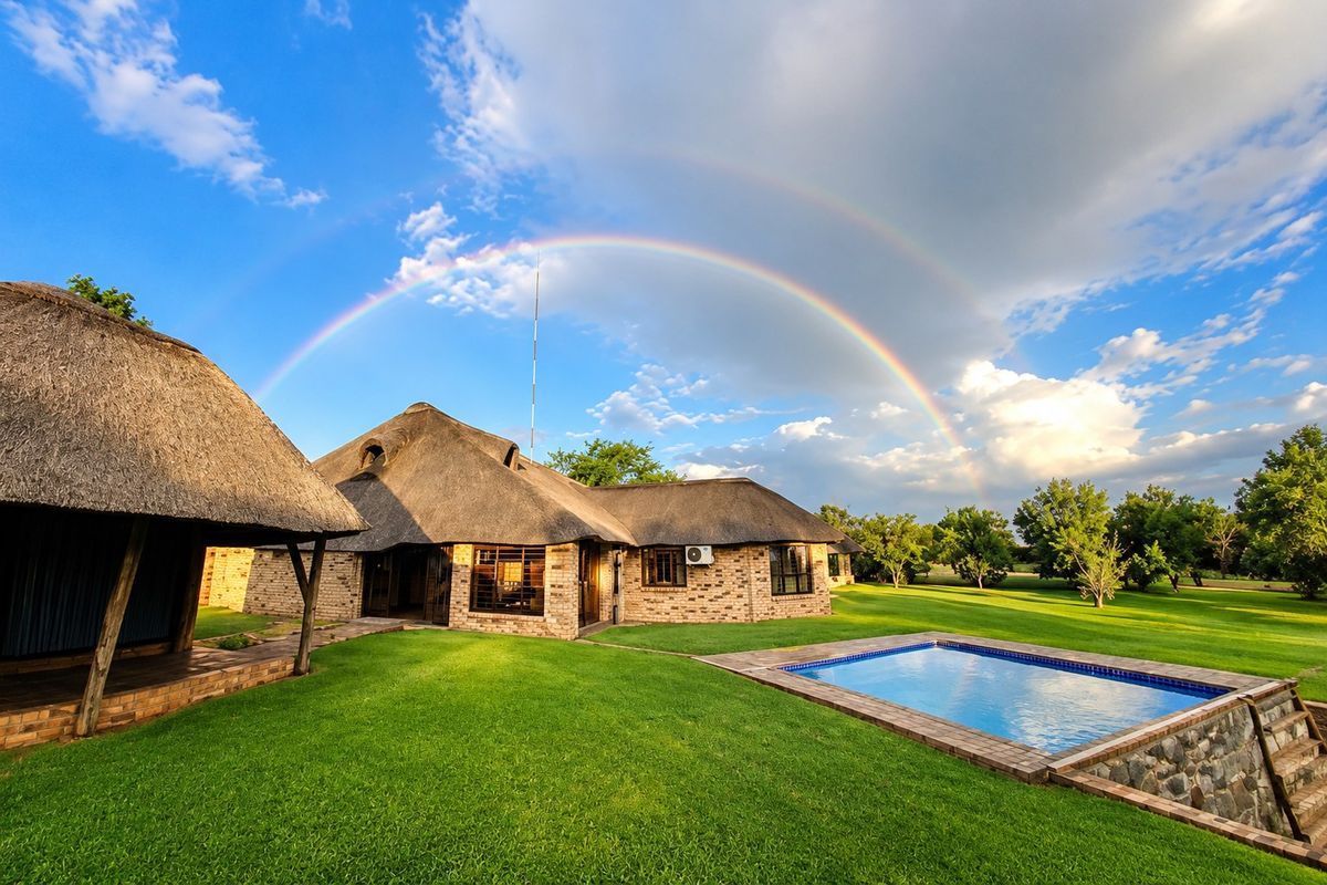 A scenic rear view of a farmhouse featuring a traditional thatch roof, brick exterior, and a private swimming pool set within a lush garden.