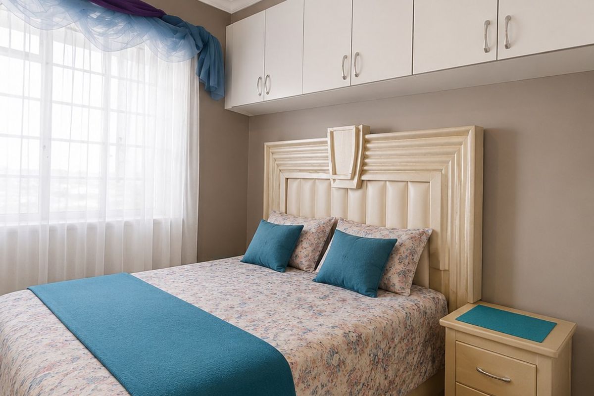A bedroom featuring built-in overhead storage cabinetry, textured ceiling tiles, and crown molding, providing functional storage space within the room.