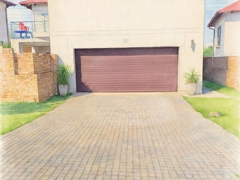 Front elevation of a townhouse featuring a paved driveway, a single garage door, and brick boundary walls.