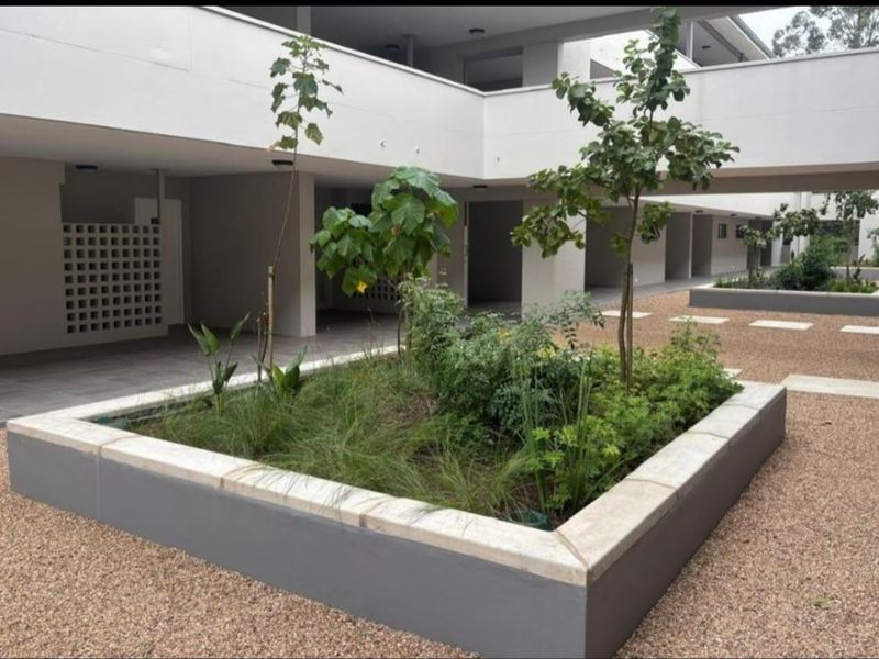 A modern apartment complex courtyard featuring raised garden beds, gravel landscaping, and covered walkways providing access to residential units.