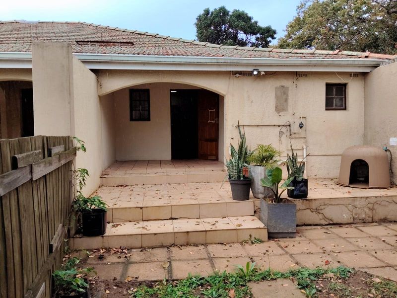 Rear exterior view of the house featuring a tiled patio area, concrete steps, and a weathered tiled roof.