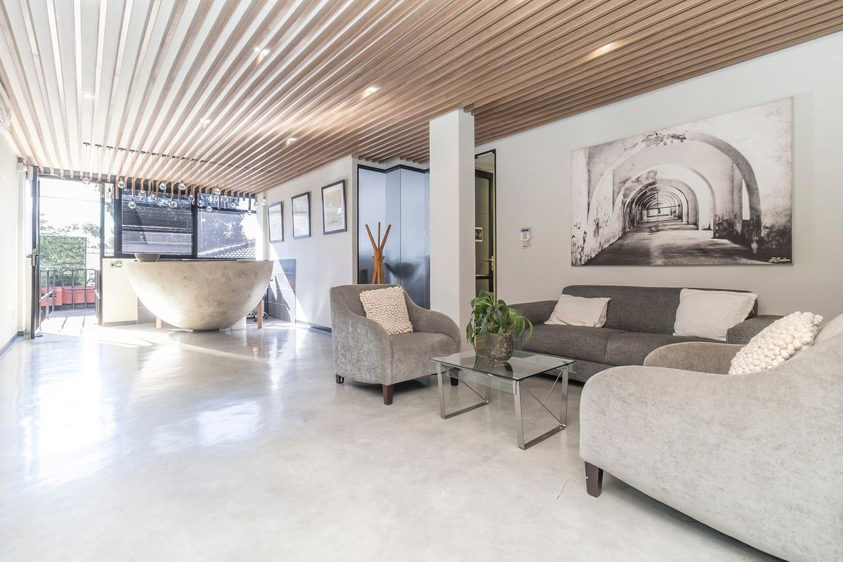 Modern commercial reception or lounge area featuring a striking slatted timber ceiling, polished concrete floors, and contemporary architectural finishes.