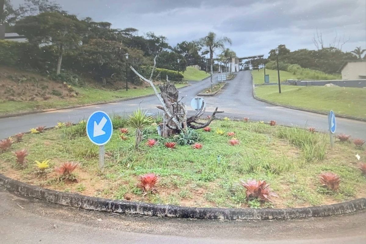 A view of the residential estate entrance featuring a landscaped roundabout and paved access roads.