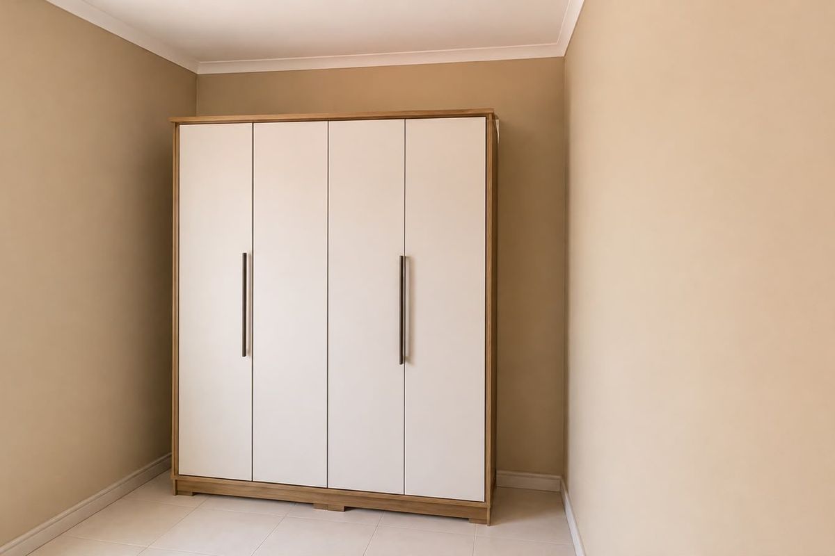 A clean, neutral bedroom featuring a modern built-in wardrobe with light wood trim and white doors, set against beige walls and tiled flooring.