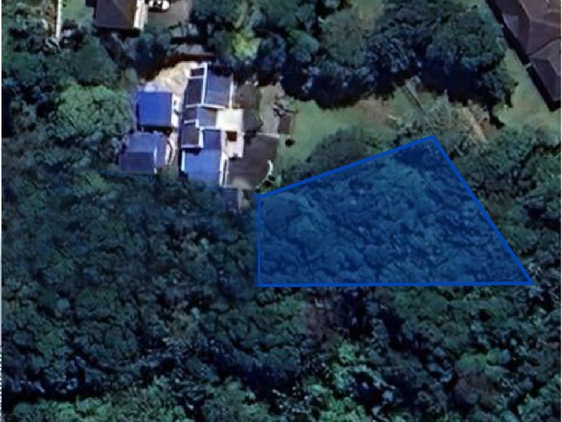 An aerial view showing a residential land parcel highlighted in blue, surrounded by dense vegetation and nearby residential properties.