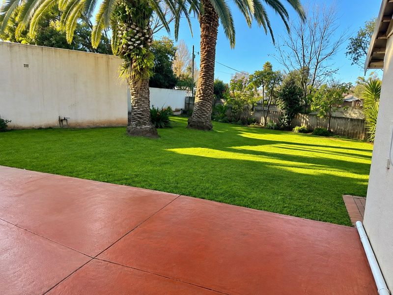 A well-maintained rear garden featuring a spacious lawn, mature palm trees, and a red concrete patio area enclosed by boundary walls and fencing.