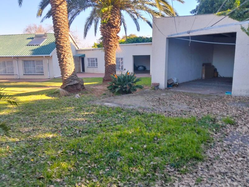 Rear view of the property featuring a lawn, mature palm trees, and an open garage structure with a solar water heater on the main roof.