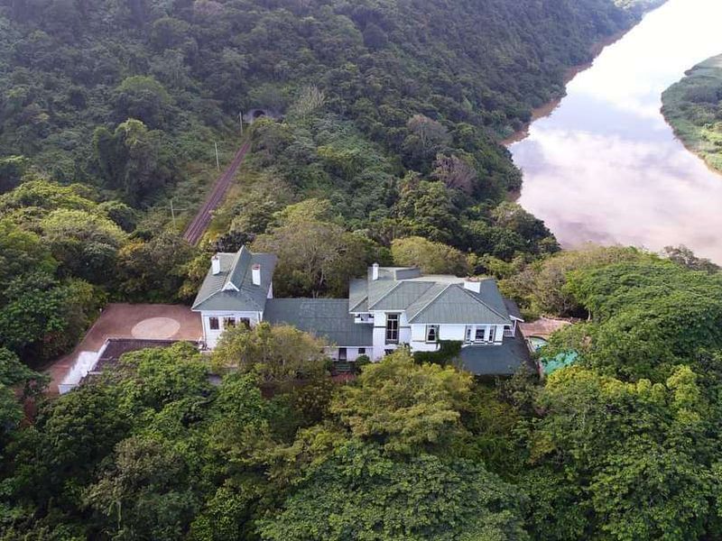 Aerial view of a large residential property nestled in lush greenery, featuring a multi-pitched roof, private driveway, and swimming pool overlooking a river.