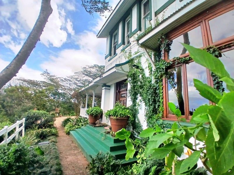 A charming exterior view of a house featuring a brick pathway, covered veranda, and timber-framed windows surrounded by lush garden landscaping.