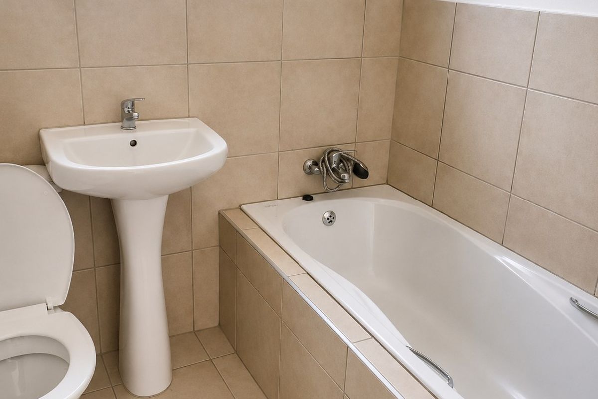 A clean, functional bathroom featuring a pedestal basin, built-in bathtub, and neutral wall and floor tiling with a window fitted with security bars.