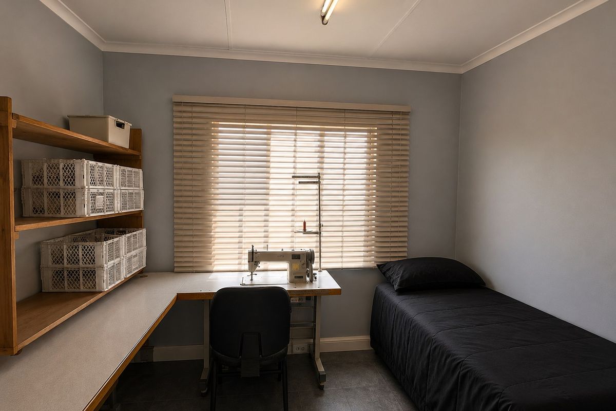 A functional bedroom or home office space featuring tiled flooring, built-in shelving, a fitted desk area, and venetian blinds.