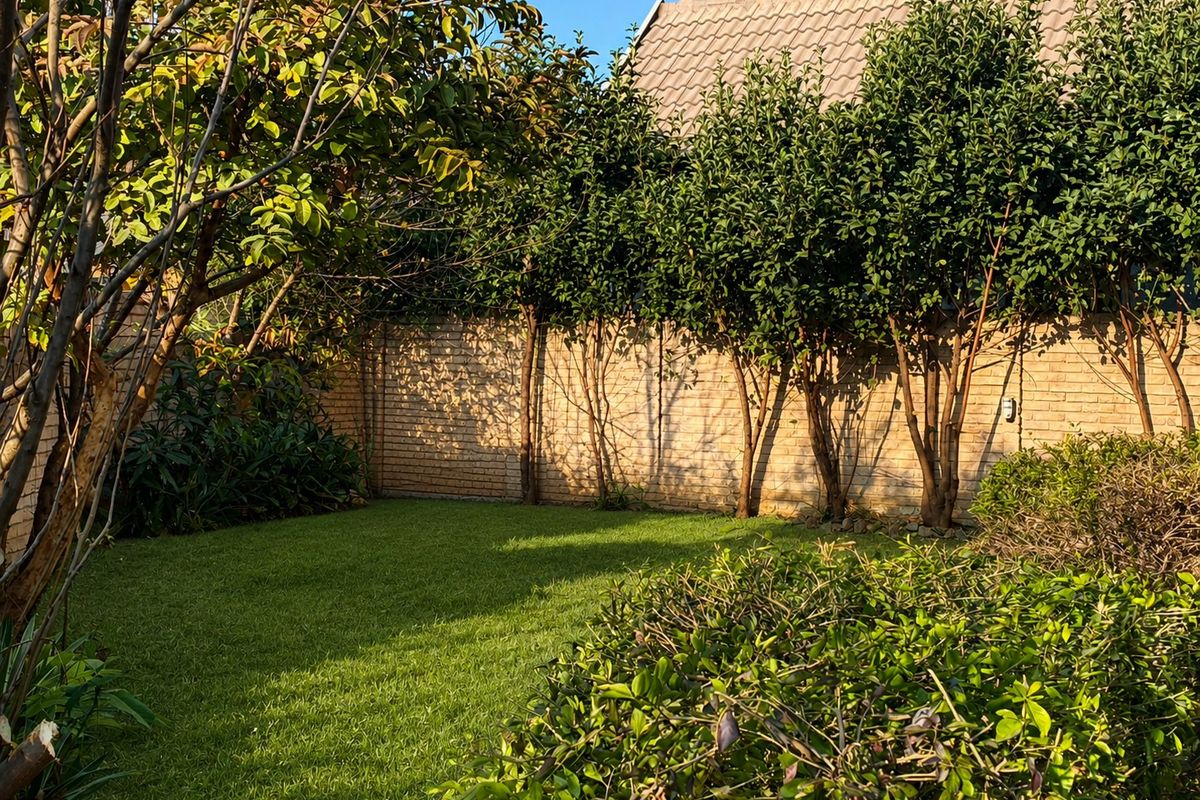 A private rear garden featuring a well-maintained lawn, mature trees, and a solid brick boundary wall.